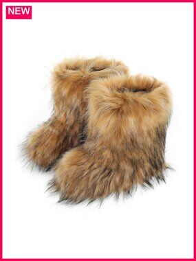 Faux Fur Mid-Calf Snow Boots Fuzzy Winter Shoes Fluffy Flat